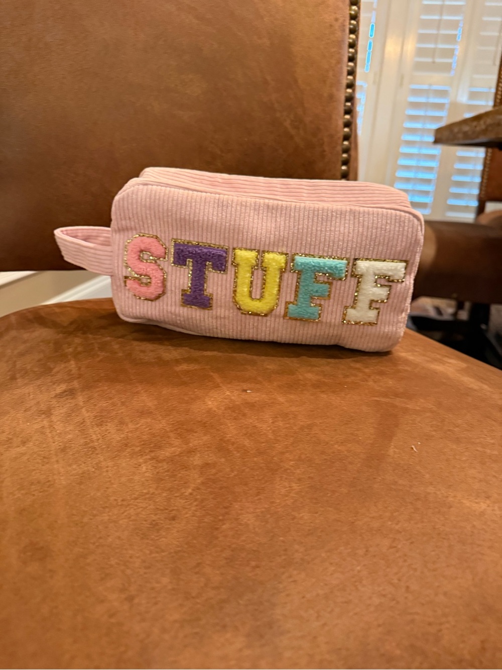 Pink Corduroy Cosmetic Pouch with Colorful 'STUFF' Applique